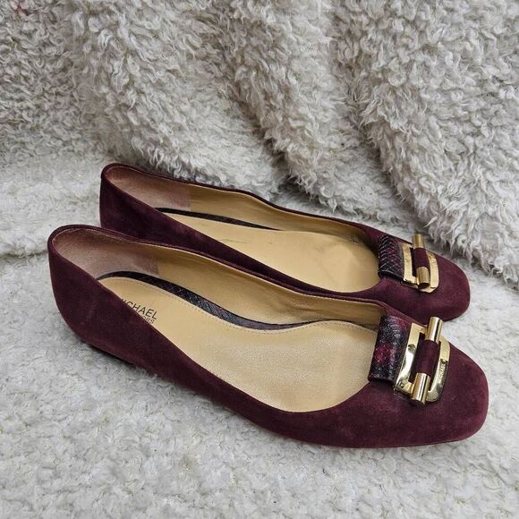 Michael Kors Gloria Burgundy Suede Leather Square Toe Ballet Flats‎ sz 7.5 - Picture 1 of 7